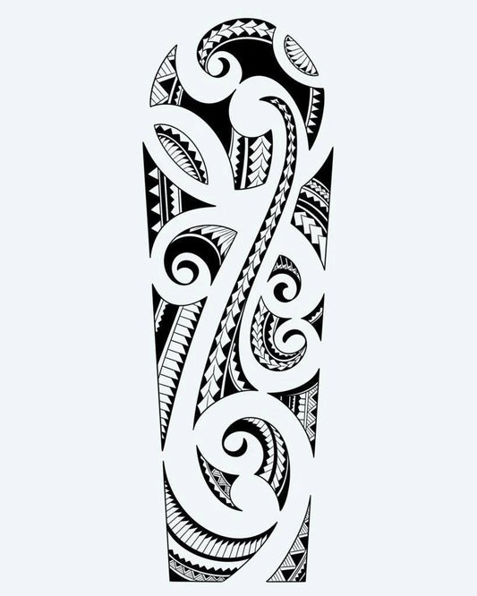 Maori Spiral Sleeve semi-permanent tattoo design by INKON – authentic, maori, filled, koru, spirals illustration, 8 x 20 in (20x50cm), available at inkon.co