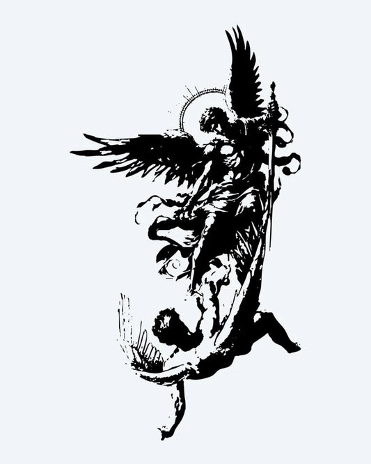 Fallen Angel Battle semi-permanent tattoo design by INKON – dramatic, fallen, angel, depicting, winged illustration, 4 x 8 in (11x21cm), available at inkon.co