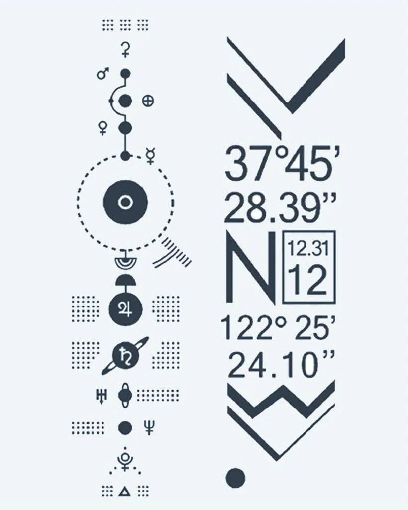 Solar System & Coordinates semi-permanent tattoo design by INKON – futuristic, solar, system, diagram, planetary illustration, 4 x 7 in (10x17cm), available at inkon.co