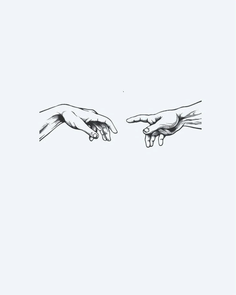 Creation Hands semi-permanent tattoo design by INKON – fine, line, michelangelo, creation, adam illustration, 3 x 4 in (6x11cm), available at inkon.co