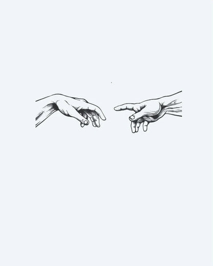Creation Hands semi-permanent tattoo design by INKON – fine, line, michelangelo, creation, adam illustration, 3 x 4 in (6x11cm), available at inkon.co
