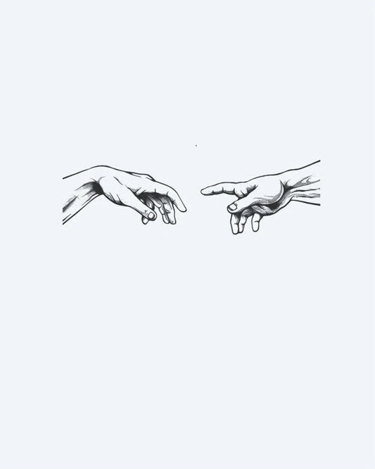 Creation Hands semi-permanent tattoo design by INKON – fine, line, michelangelo, creation, adam illustration, 3 x 4 in (6x11cm), available at inkon.co