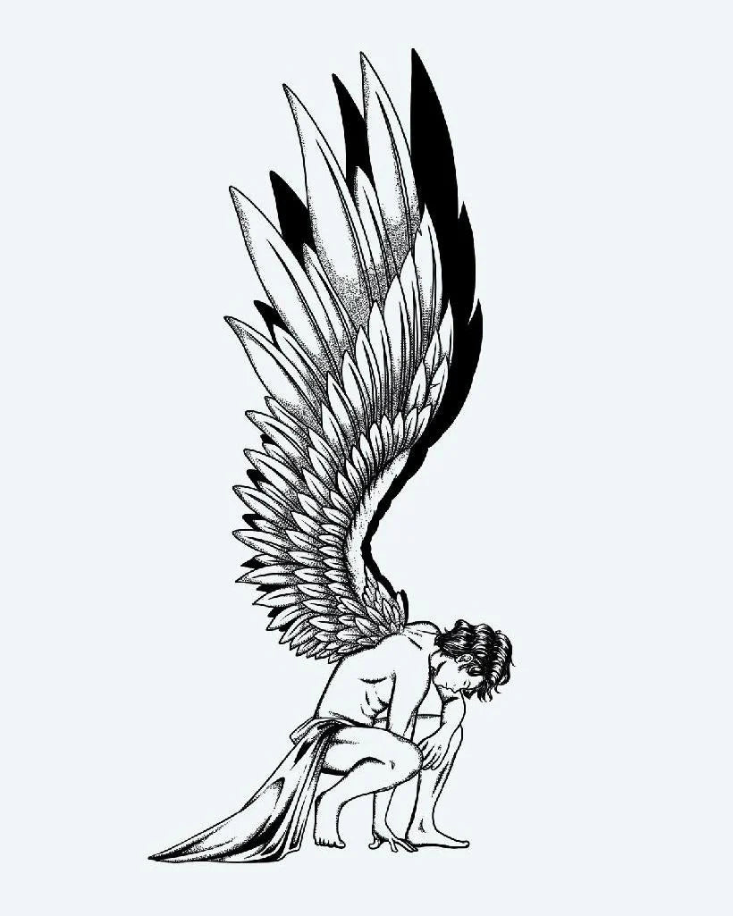 Fallen Angel semi-permanent tattoo design by INKON – dotwork, fine, lines, construct, kneeling illustration, 4 x 8 in (11x21cm), available at inkon.co