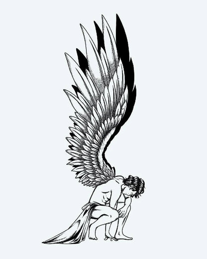 Fallen Angel semi-permanent tattoo design by INKON – dotwork, fine, lines, construct, kneeling illustration, 4 x 8 in (11x21cm), available at inkon.co