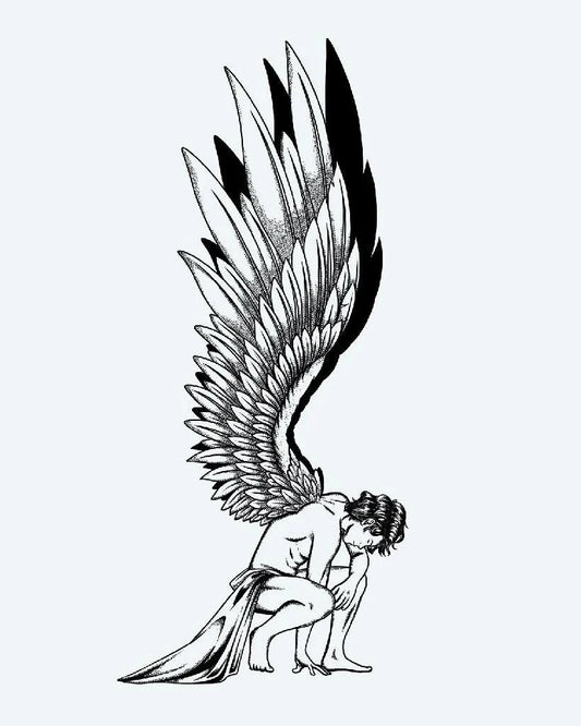 Fallen Angel semi-permanent tattoo design by INKON – dotwork, fine, lines, construct, kneeling illustration, 4 x 8 in (11x21cm), available at inkon.co