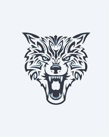 Tribal Wolf semi-permanent tattoo design by INKON – snarling, wolf, face, tribal, sharp illustration, 3 x 4 in (7x10cm), available at inkon.co