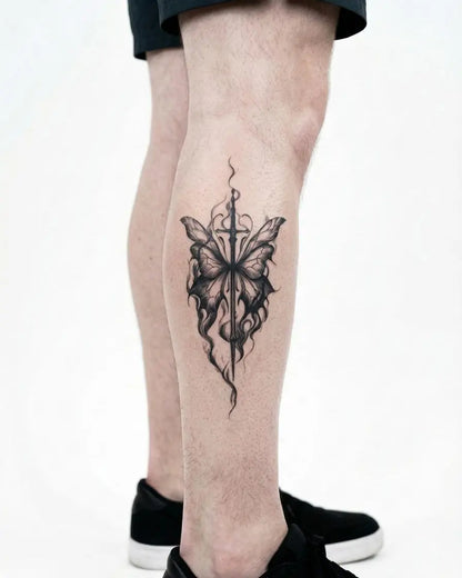 INKON Butterfly & Sword semi-permanent tattoo applied on a man – 4 x 7 in (10x17cm) design, realistic ink look, lasts 10 days