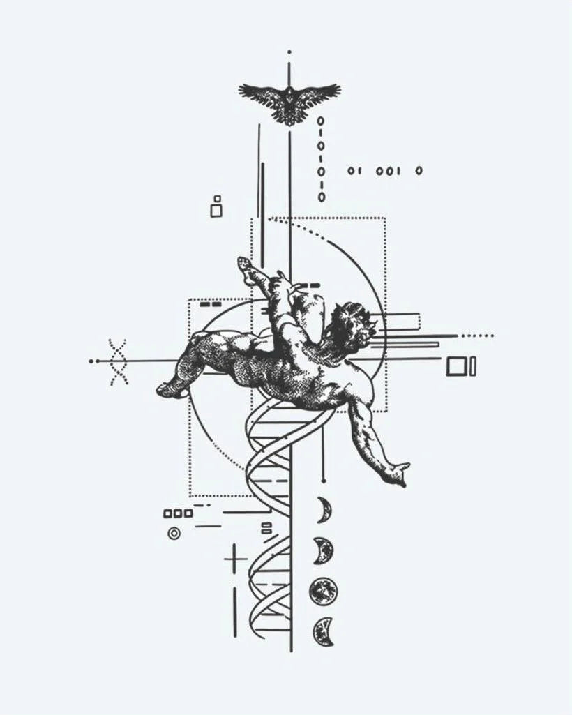 Cherub & Sacred Geometry semi-permanent tattoo design by INKON – combining, renaissance, cherub, helix, moon illustration, 4 x 8 in (11x21cm), available at inkon.co