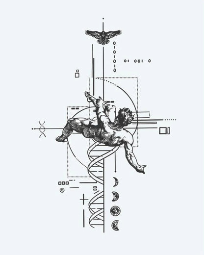 Cherub & Sacred Geometry semi-permanent tattoo design by INKON – combining, renaissance, cherub, helix, moon illustration, 4 x 8 in (11x21cm), available at inkon.co